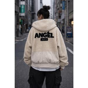 ANGEL OFF Teddy Sherpa Hooded Zip Up Jacket Beige Urban Streetwear Unisex Size L